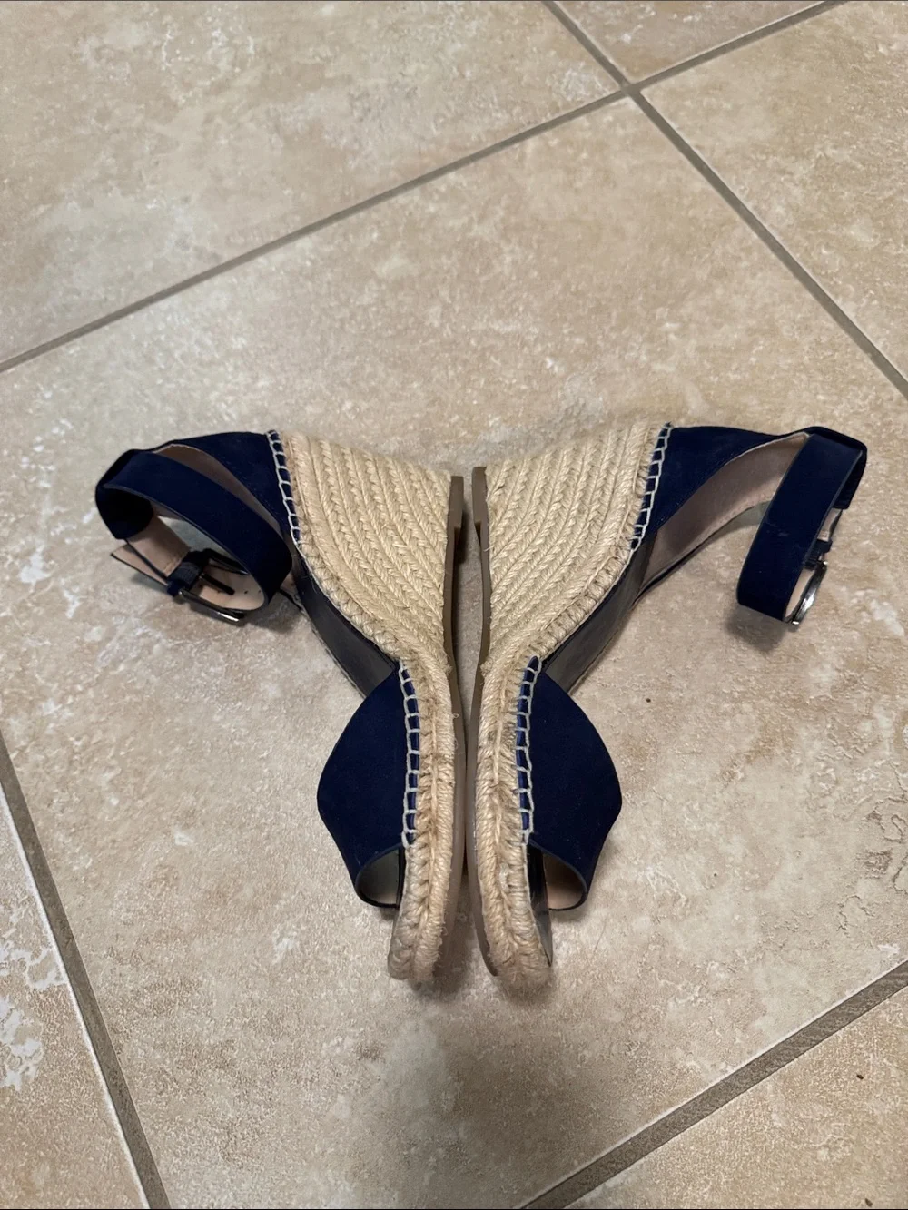 Vince Camuto Navy Suede Espadrille Wedge Sandals with Ankle Buckle